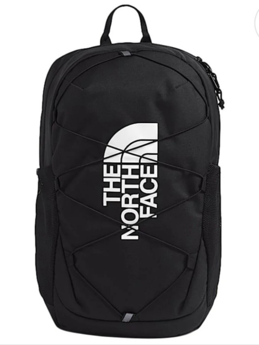 The North Face Jester Kids Black Backpack with White Logo and Bungee Front